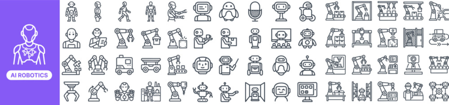 AI Robotics and Smart Automation outline icon set. Featuring robot worker, machine arm, sensor, processor, and engineer symbols. Editable stroke vector icons for automation apps and factory UI.
