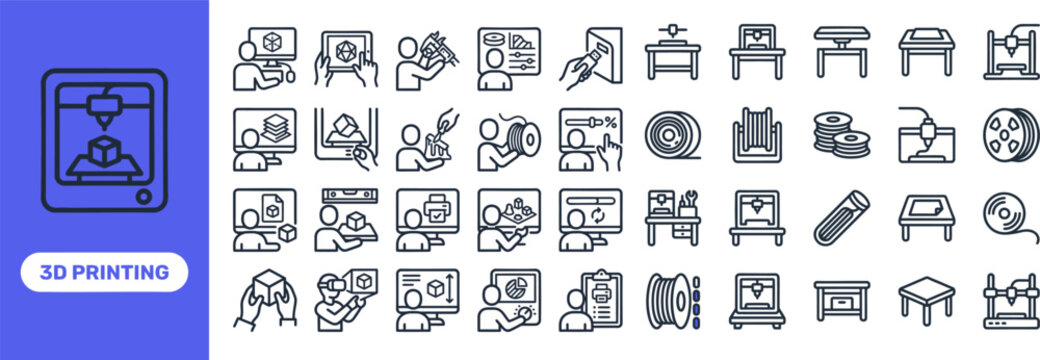 3D Printing and Additive Manufacturing outline icon set. Featuring 3D printer, filament spool, prototype, scanner, and resin symbols. Editable stroke vector icons for maker labs and prototyping.