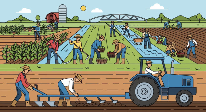 Farmers working in fields with tractor and irrigation.