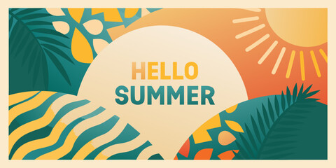hello summer graphic with tropical leaves and sunburst vector illustration © Rathin