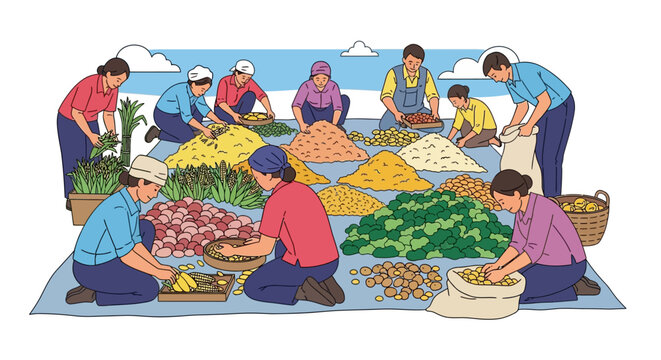 People working together to sort and prepare fresh produce at a market.