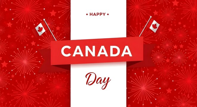 Happy canada day celebration background with flags and fireworks