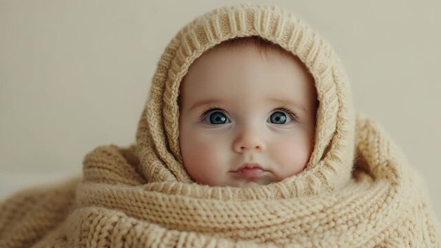 A baby sits wrapped in a soft blanket while showing different expressions. The baby looks curious in some frames and smiles happily in others. This is a playful moment indoors
