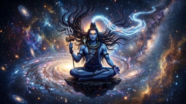 Shiva sitting in meditation on floating rock in deep space. Hindu deity with trident and snake in cosmic galaxy background. Concept of spiritual enlightenment, yoga and divine power.