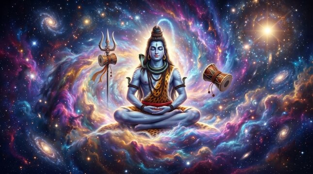 Lord Shiva meditating in the cosmic galaxy. Hindu deity sitting in lotus pose surrounded by nebula and stars. Spiritual representation of divine energy, meditation and yoga concept.