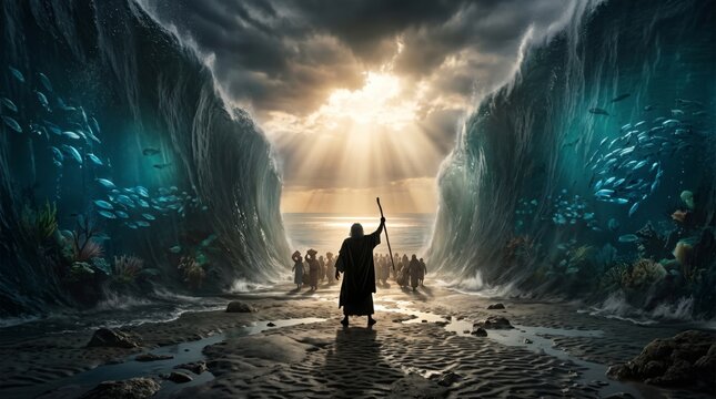 Moses parting the Red Sea with staff. Biblical scene of prophet leading people through ocean water. Miracle event from Old Testament. Religious art depicting faith and divine power.