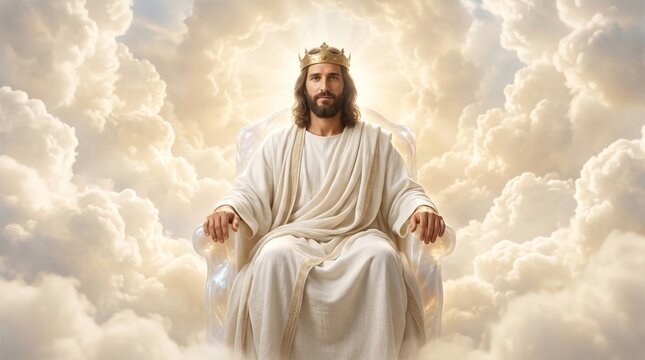 Jesus Christ sitting on a heavenly throne in the clouds. Man representing divinity crowned as king. Catholic religious concept for spiritual worship and Easter celebration. Holy vision.
