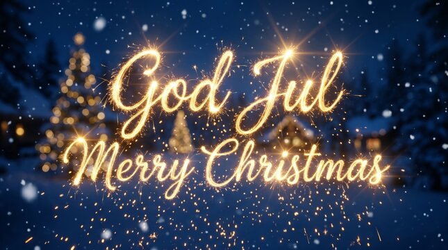 Golden light painting spelling God Jul Merry Christmas in snowy night landscape. Sparkler calligraphy writing with festive spark particles on dark blue winter background. Holiday greeting card.