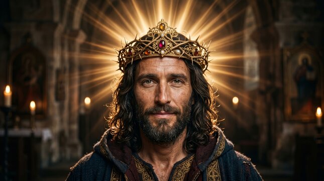 Jesus Christ wearing crown of thorns and gold diadem in church. Religious portrait with divine light rays for Easter and spirituality concept. Christian savior worship and faith.
