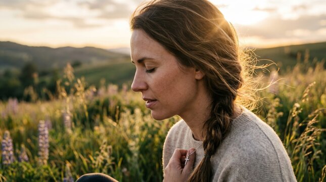 Woman praying in a field at sunset while holding a cross necklace. Christian believer meditating outdoors during golden hour. Spiritual devotion, faith and religious connection concept.
