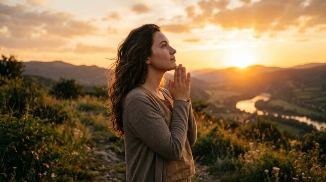 Woman praying with hands together at sunset in nature. Religious concept of spiritual connection, faith, and peace. Hopeful Christian believer contemplating outdoors during golden hour.