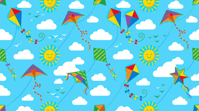 Bright kite flying pattern in sunny blue sky.