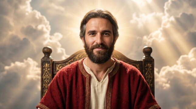 Jesus Christ sitting on a royal throne in heaven with divine light. Religious portrait of the savior as a man with a beard. Christian god figure for worship, faith and Easter holiday.