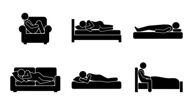 Sleep Positions, Rest Poses, Relaxation Icons Set, Human Figure Vector Graphics