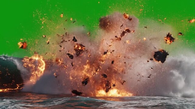 Fiery lava flows and crashing wave on green screen background