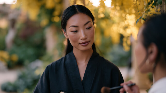Independent makeup artist building editorial lookbook portfolio during outdoor golden hour session in botanical garden, model posed beneath flowering canopy while artist touches up pressed-powder ap