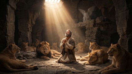Fototapeta premium Prophet Daniel praying in a lion den with an angel. Biblical scene depicting faith and divine protection. Religious artistic illustration for Christian church study and education.