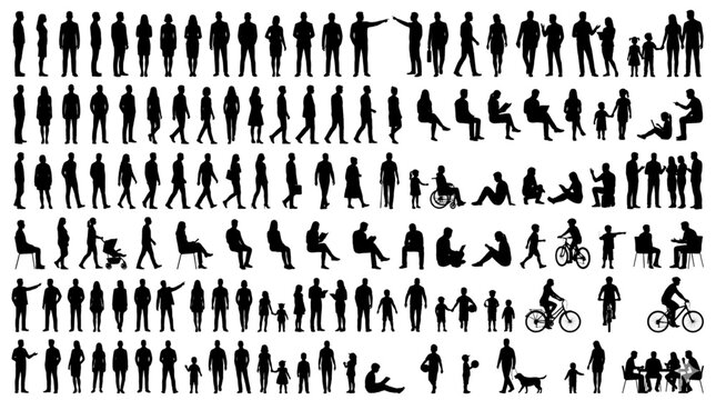 CAD block library of human figures in silhouette for architectural designs and urban planning, offering diverse poses and activities