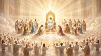Fototapeta premium Jesus Christ sitting on golden throne in heaven surrounded by saints and apostles. Religious scene of divine glory and prayer. Spiritual concept for christian faith and worship.
