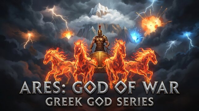 Ares the Greek god of war driving a fiery chariot pulled by flaming horses. Mythological warrior in armor with lightning on mountain background. Ancient legend and epic fantasy concept.