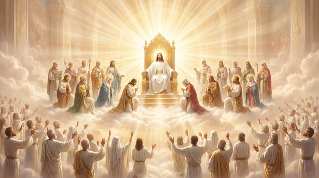 Jesus Christ sitting on golden throne in heaven surrounded by saints and apostles. Religious scene of divine glory and prayer. Spiritual concept for christian faith and worship.