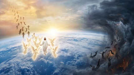 Fototapeta premium Jesus Christ ascending to heaven with angels and souls. Concept of the rapture and divine judgment showing believers saved and the condemned falling into darkness. Spiritual Christian art.