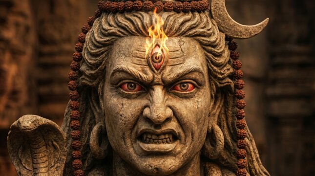 Lord Shiva sculpture with glowing third eye and flaming fire. Hindu deity representation with snake and beads. Ancient mythology concept for religion and spiritual tradition art.