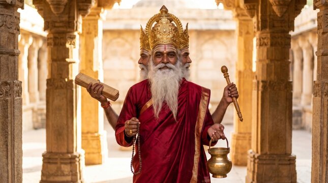 Indian deity Brahma with four heads and beard wearing crown and robe standing in ancient stone temple. Hindu creator god holding sacred book, prayer beads, water pot and wooden bowl.