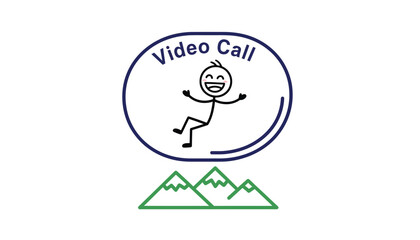 Fototapeta premium Stick figure character celebrates a successful video call while floating above stylized green mountain peaks.