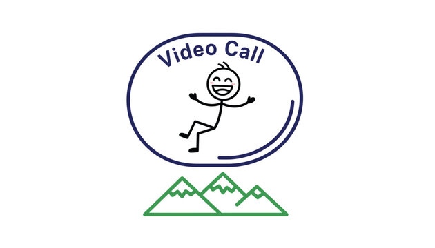 Stick figure character celebrates a successful video call while floating above stylized green mountain peaks.