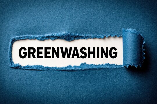 Greenwashing deceptive marketing term under a torn piece of blue paper