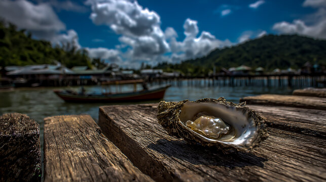 Open oyster with pearl on wooden dock by tropical waterfront with boats and huts
