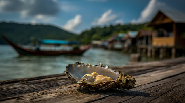 Open oyster with pearl on wooden dock by tropical waterfront with boats and huts