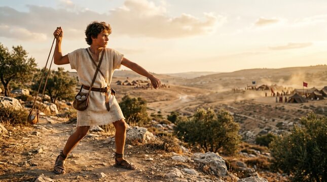 Young boy David aiming with a stone sling in a desert landscape. Biblical scene representing the battle against Goliath. Historical religious concept, courage and faith story.
