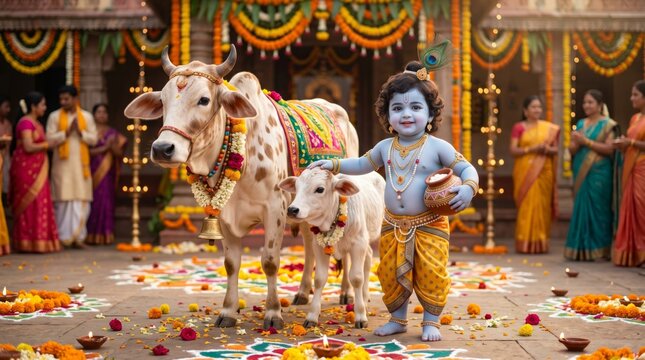 Hindu deity Krishna child standing with cow and calf during Janmashtami festival. Traditional Indian celebration with diya lamp and marigold flower decoration in temple courtyard.