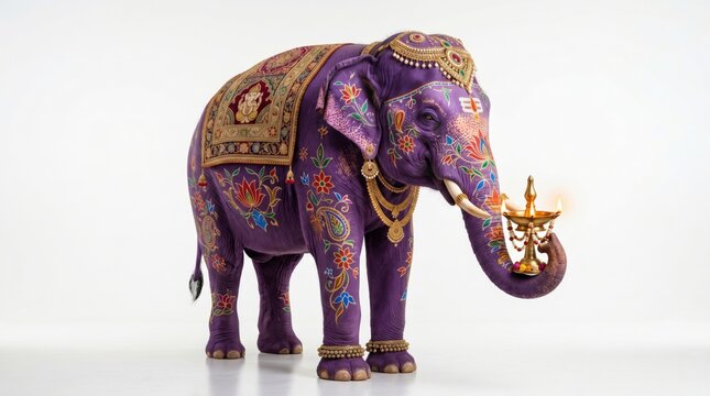 Decorated purple elephant holding a burning diya lamp. Traditional Indian festive animal adorned with gold jewelry and floral painting. Cultural celebration for Diwali festival.