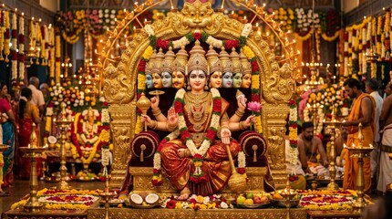 Fototapeta premium Goddess Durga idol decorated with floral garlands seated on golden throne inside Hindu temple. Traditional Indian religious celebration and worship. Cultural spiritual ritual concept.