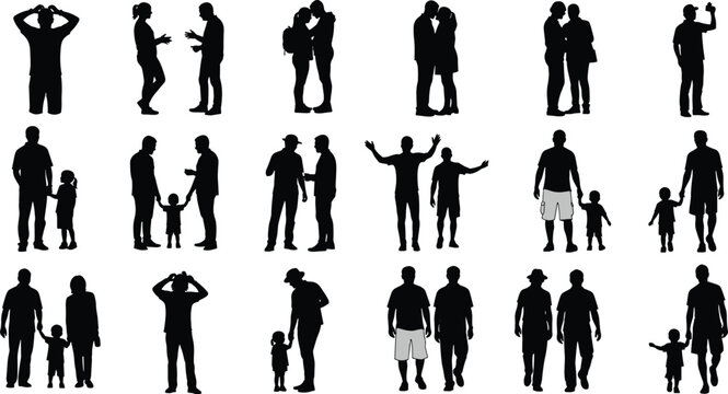 Family Silhouette Collection Parents and Children Walking Standing and Hugging Vector Illustration Set