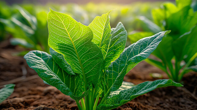proliferation. Broad tobacco leaves unfurling under sunlight in a field. gardening catalogs, home-decor guides, designed for gardening and botanical catalogs and home decor and floral branding.