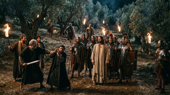 Jesus Christ arrested by Roman soldiers in Gethsemane garden at night. Biblical scene of betrayal with swords and torches. Religious faith concept for Easter, Christian art portrayal.
