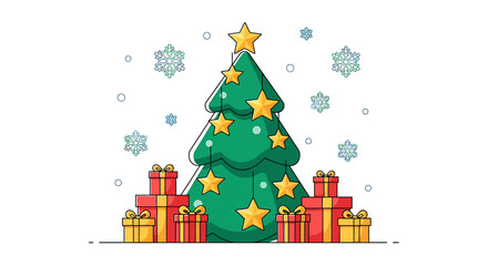 Naklejka premium Emerald Green Christmas Tree Decorated With Golden Stars and Surrounded by Red Gift Boxes