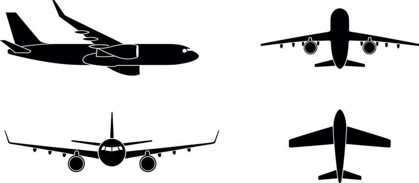 Collection of black airplane silhouettes with front side and top views for aviation travel logistics and international flight transportation design
