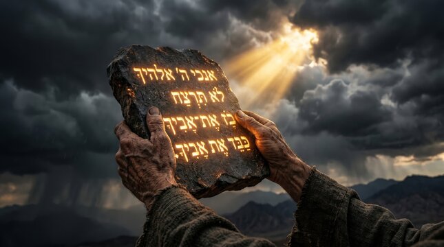 Man holding stone tablet with hebrew commandments. Prophet Moses receiving ten commandments on Mount Sinai. Religious biblical scene with divine light breaking through dramatic dark clouds.