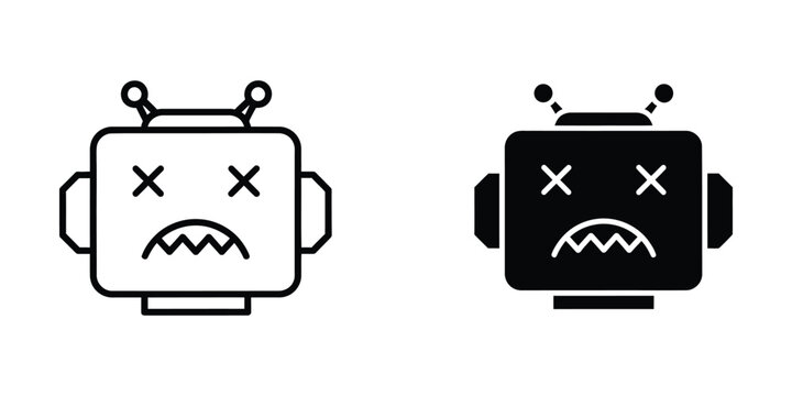 Broken or error robot head icon with cross eyes and frown mouth, it includes antennas