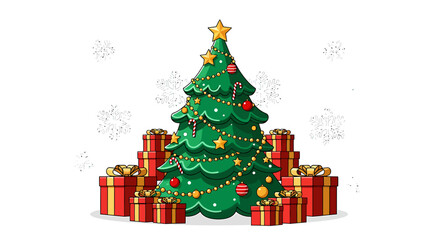 Naklejka premium Festive Green Tree With Gold Stars Surrounded by Red Gift Boxes and Snowflakes