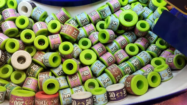 Close-up of colorful cylindrical beads with numbers