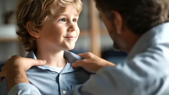 Faceless school boy helping his dad button up his shirt ready for work in a caring and supportive family morning routine concept. Defocused background. Boy dad button shirt,