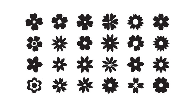 Set of twenty four distinct black flower shapes isolated on white background for creative design elements and patterns.