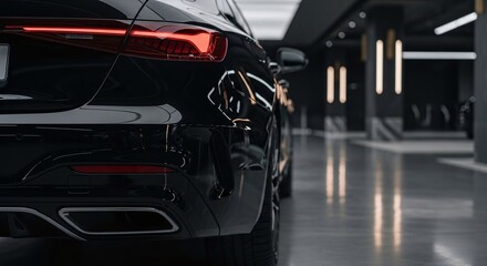 Naklejka premium Rear Detail of Premium Black Car in Dark Luxury Garage