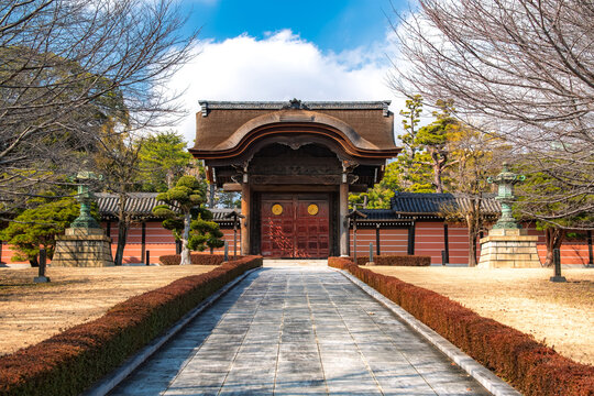 神奈川県横浜市 青空と参道の奥に建つ總持寺の向唐門（勅使門）と築地塀